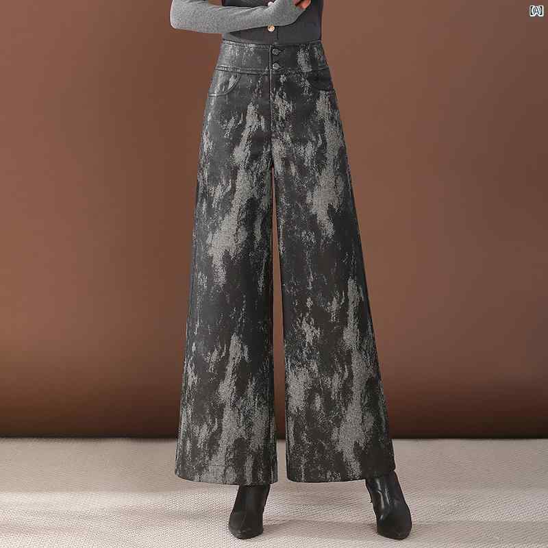 レディース ドレー ピー ワイド レッグ パンツ 秋冬 ハイウエスト プリント PU レザーパンツ ビッグ