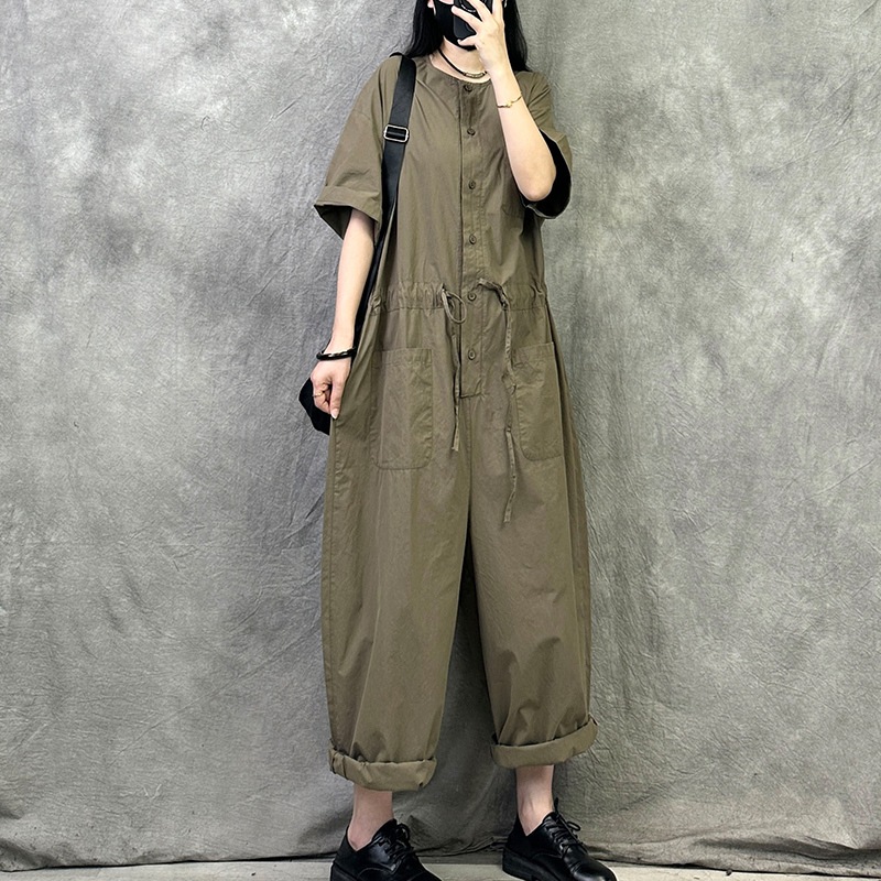 オールインワンパンツ 繋ぎ 半袖 ラウンドネック 前開き ボタン ポケット ウエストマーク アンクル丈 ワイドパンツ 可愛い かわいい 大人可愛い きれいめ シンプル 上品 おしゃれ かっこいい
