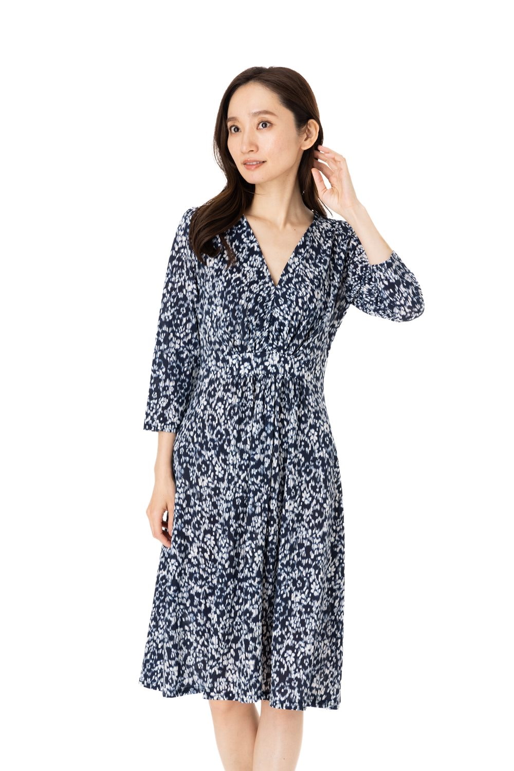 エジェリ(EGERIE)ワンピース T1 T2 T3サイズ 七分袖 膝丈ワンピース ドット柄 Vネック ジャージー素材 レディース ネイビー