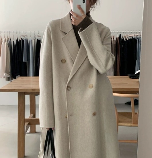 秋と冬のシンプルな気質のラペルダブルブレストストラップゆったりとした暖かいロングウールコート339