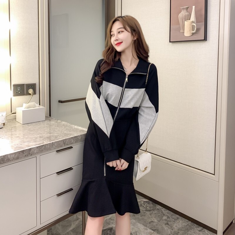 ミドル丈ワンピース トップス カジュアル ブラック 黒 ミドル丈 袖あり 長袖 襟付き スリム