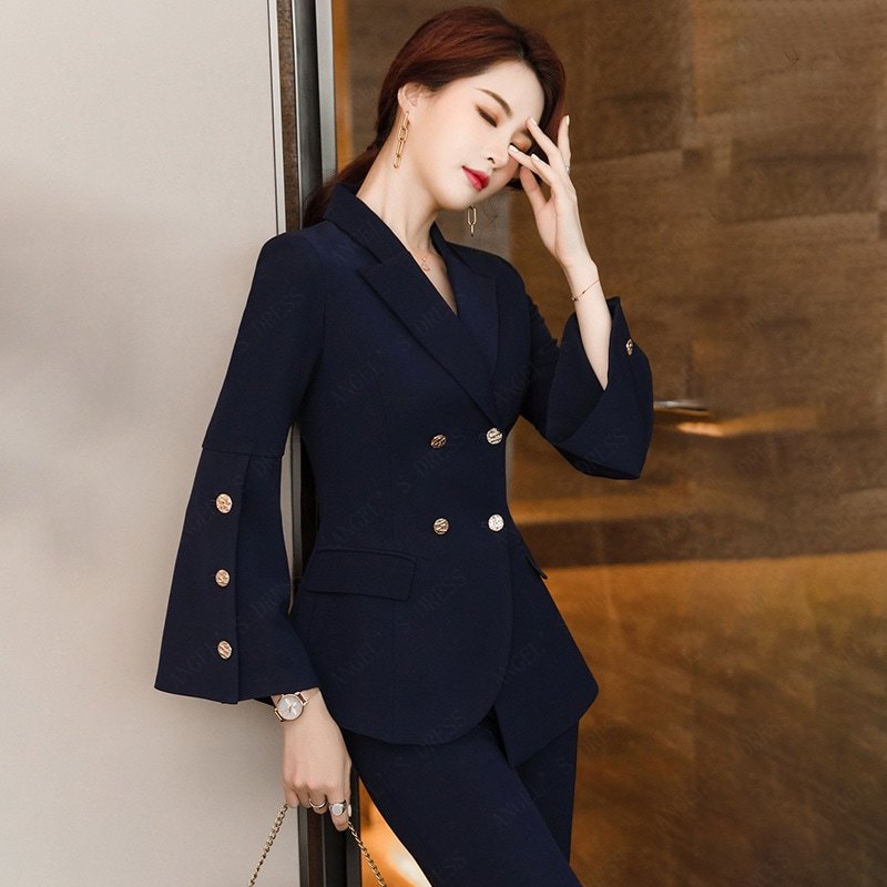 【新品】韓国版新金2色S-3XL大きいサイズ成人レディーキャリアウーマンけいたいダブルバックルスーツファッション気質女神エレガント修身OL通勤面接職業服作業服2点セットオーバーズボンXZFS34-59