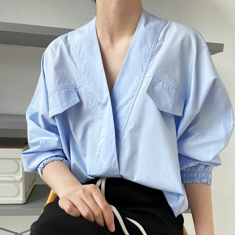 レディースファッション トップス Vネック シャツ カシュクール ブラウス ポケット ゆったり 長袖