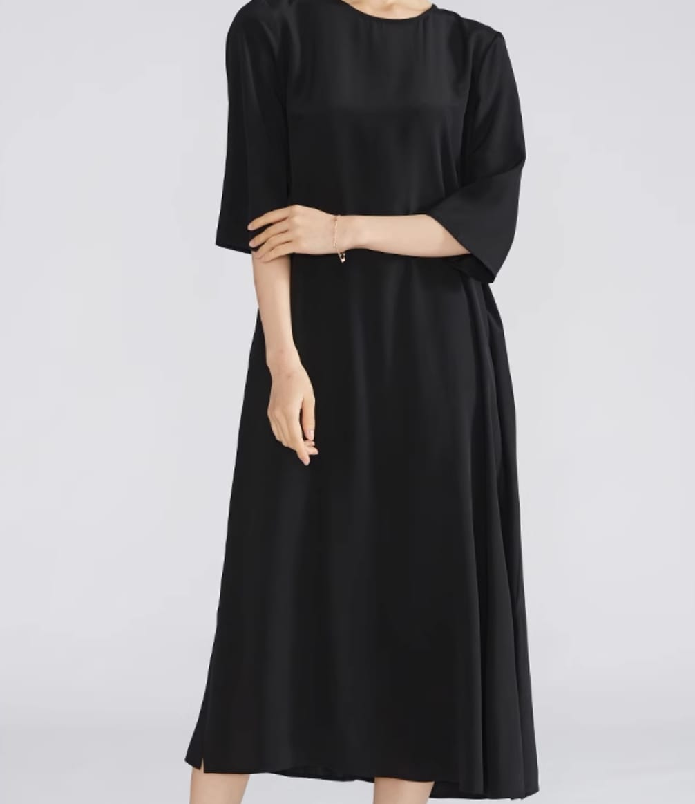 ワンピース フレア レディース 膝下 ロング マキシ 丈長 フルレングス 半袖 ラウンドネック クルーネック ワイド セミフレア Iライン フェミニン ヴィンテージ アメカジ かわいい 大人可愛い