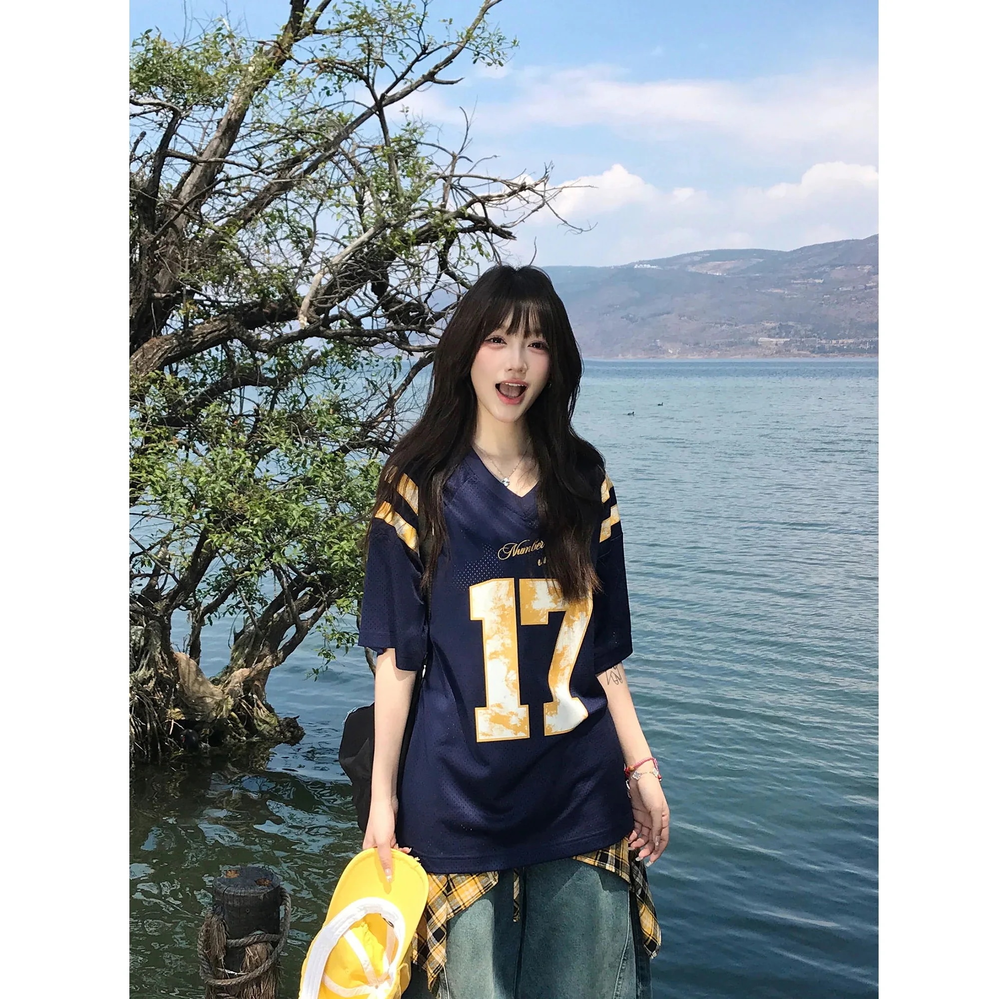 2025春夏 Tシャツ K-POPファッション半袖ストリート系サイド丈フットシルエットダンスラグランゆったりシャツ衣装レディースサイズVネックおしゃれカジュアル春メンズ配色T 韓国可愛い風トップス