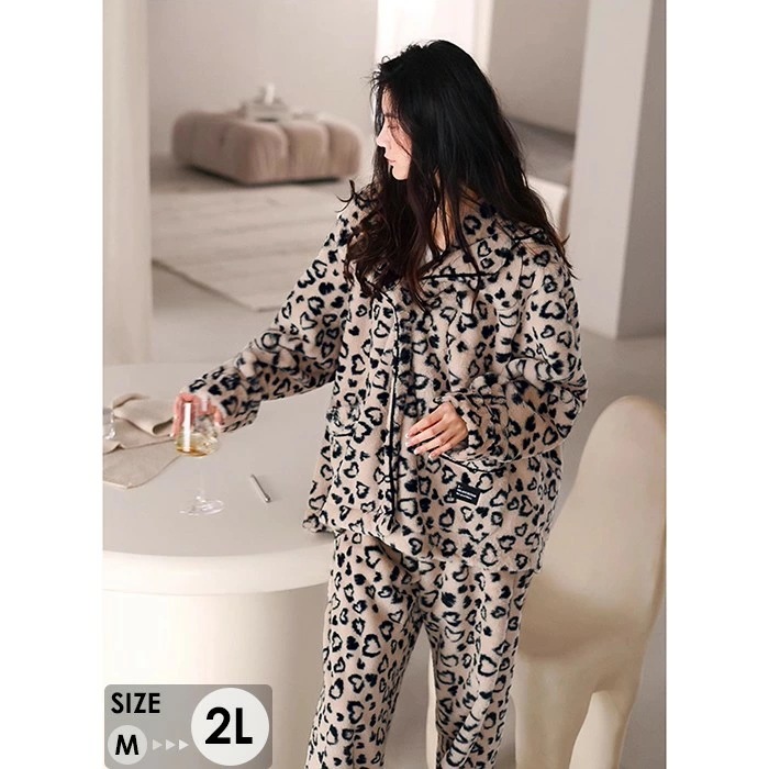 ルームウェア レディース ヒョウ柄 もこもこ 上下セット パジャマ ナイトウェア 可愛い 長袖 部屋着 秋 冬 セットアップ おうち時間 ロングパンツ 韓国ファッション 大人 ポケット付き ゆったり