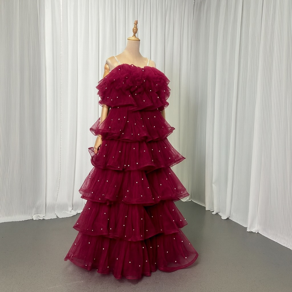 カラードレス キャミソール ビーズ チェリーピンク ティアードのドレス ラッフルフリル 前撮り 二次会 ロング