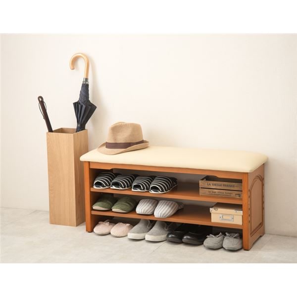 玄関ベンチ 玄関椅子 約幅90×奥行31×高さ43cm ライトブラウン 木製フレーム 合皮 組立品 リビング ダイニング 引っ越し