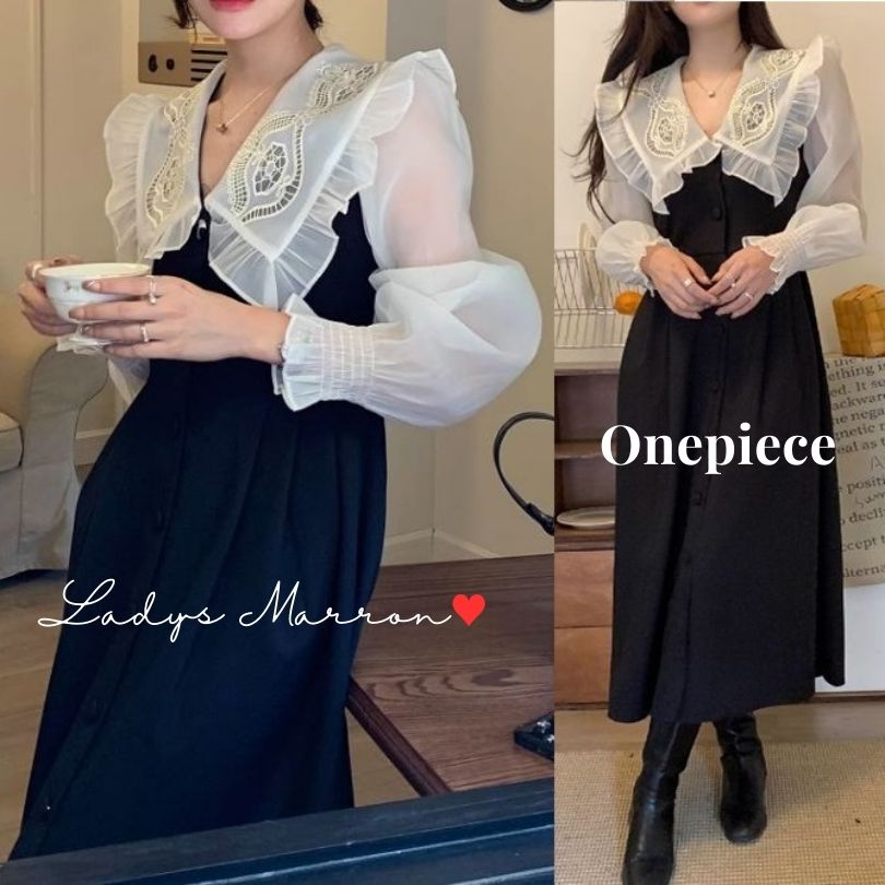 【即納】量産型 服 ワンピース フレンチガーリー ワンピース 可愛い服 ガーリーワンピース 地雷系 かわいいワンピース 韓国ワンピース 大きい襟 バイカラーワンピース プチプラ 黒ワンピース ロングワ