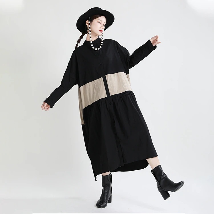 切替デザインシャツワンピース レディース ロング丈 ワンピース 綿麻混 シャツワンピ 春 ギャザー モード系 羽織り 長袖 スタンドカラー 立ち襟 トップス 配色 変形デザイン 体型カバー 送