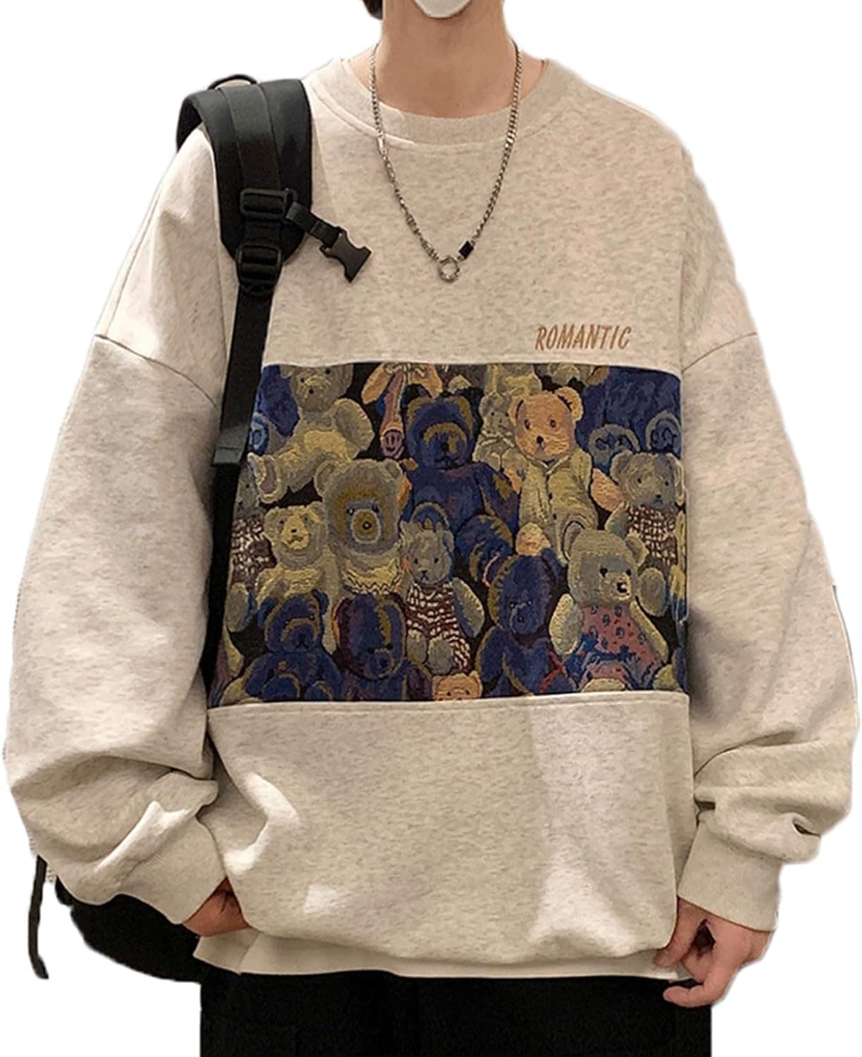 パーカー かわいい 刺繍 クマちゃん フルオーバー 長袖 メンズ 丸首 トレーナー ビッグサイズ スウェット オーバーサイズ 春秋着 お肌に優しい 中華風 カジュアル 散歩 通学 運動