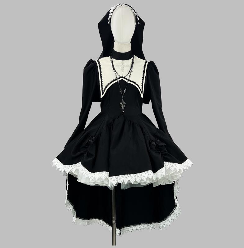 ハロウィン コスプレ衣装 シスター 聖女 修道女 変身仮装 修道院 修道女 イエス・キリスト 牧師服 長袖 燕尾 ドレス ゴシック 暗黒風 吸血鬼 死神 魔女 コスプレ衣装 ドレス＋髪飾り 大きいサイ
