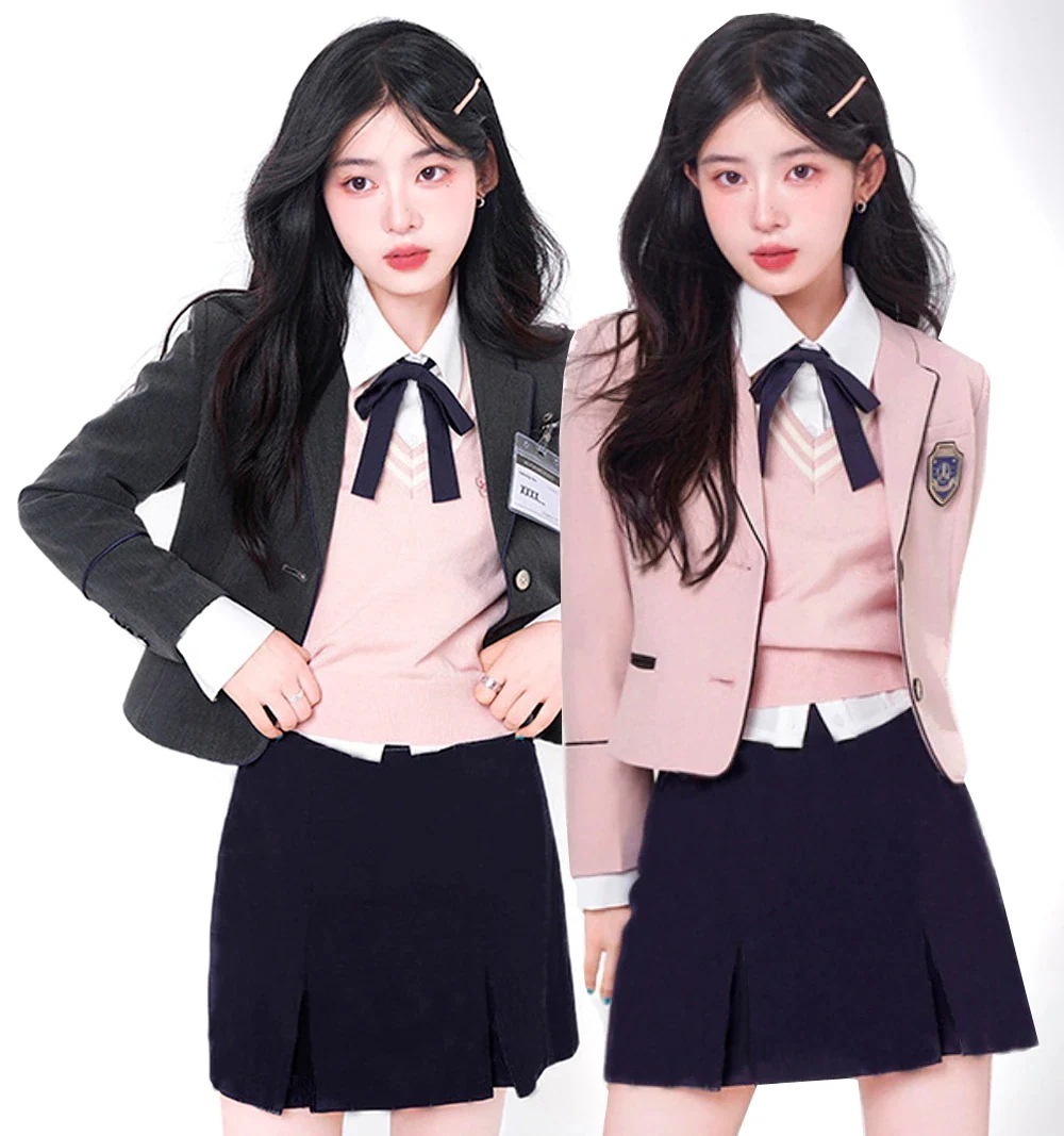 【韓国ファッション 6点セット】制服セットアップ ブレザー 綿100 ニットベスト 韓国ファッション 女子 長袖 学校 スクール 高校生 制服スカート 女子高生 スクールスカート 学生服 通学 通勤