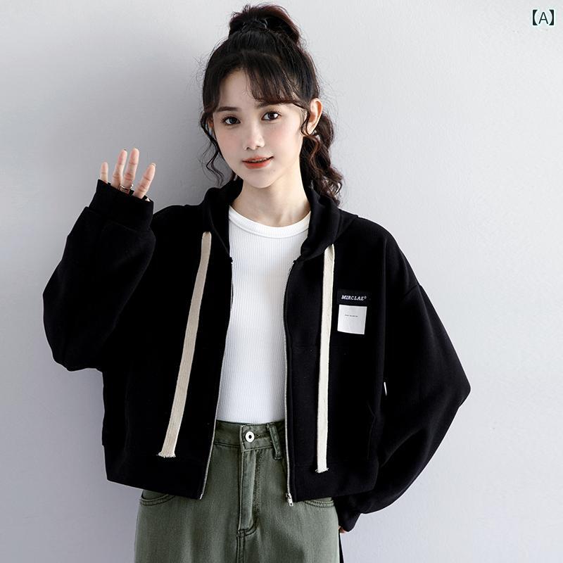 パーカー スウェット レディース ショート丈 フーディー おしゃれ 春 フード ジッパー ブラック