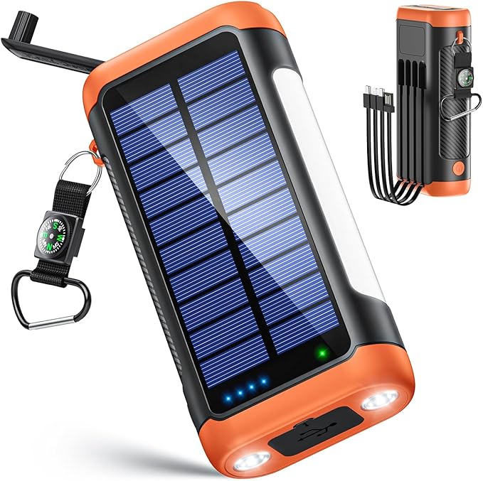 ソーラーモバイルバッテリー 【2025最新 61800mAh大容量 & 手回し発電】 22.5W/PD18W 急速充電 4本ケーブル内蔵 6台同時充電 ソーラーチャージャー 側面ライト+LEDライト付