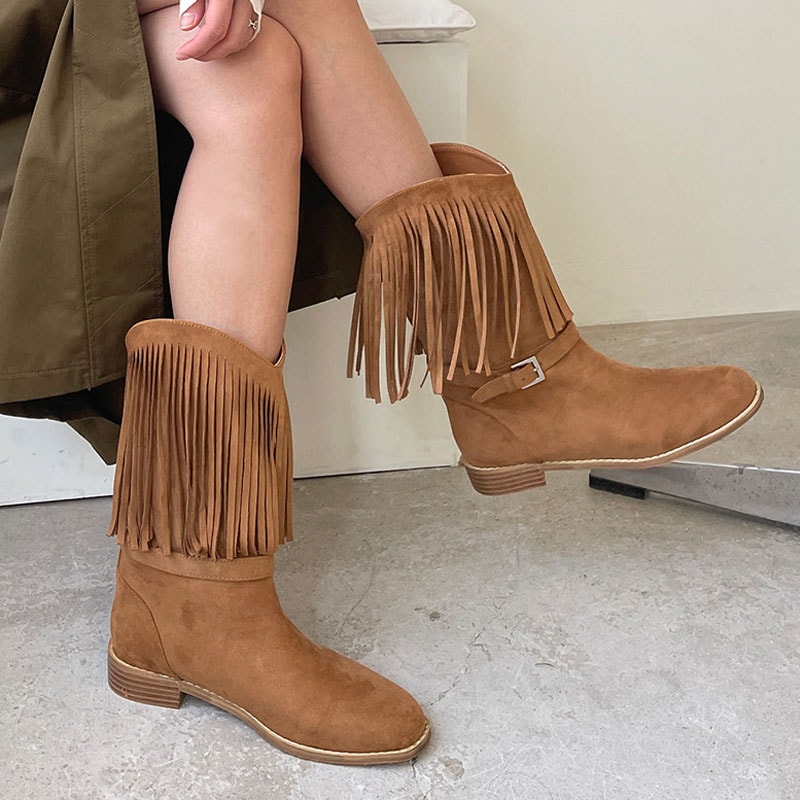 2color ユニークなフリンジディテール ベルト付き ウッドヒール．ローヒール ステッチ スエード素材 デイリー ミドルブーツ．ウェスタンブーツ