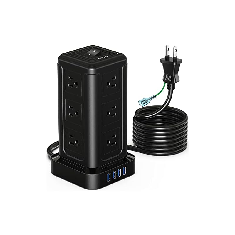 電源タップタワー型 usbコンセント 延長コード 2m 雷ガード 3層 12個AC口 4個USBポート たこ足配線 テーブルタップ OAタップ マルチタップ 安全保護機能 自宅用 会社用 ブラック N