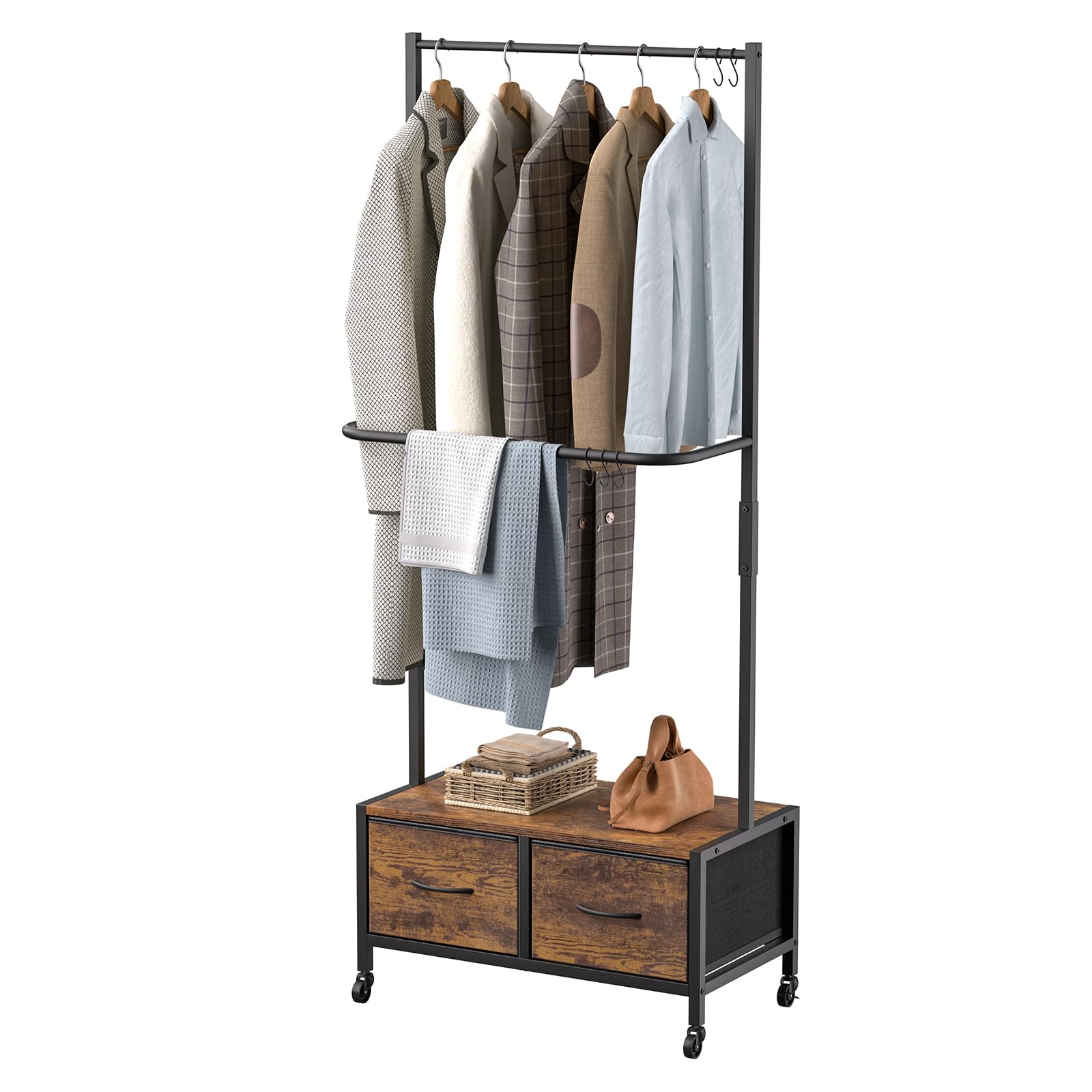 ハンガーラック 収納付き 引き出し付き 洋服ラック 2段 キャスター付き タンス付き 棚付き ランドセル おしゃれ スリム タンス 衣装棚 clothes rack ダブル ロッド ワードローブ 多機