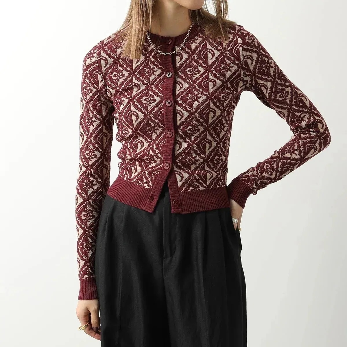 Marine Serre マリーン セル カーディガン WCA005 CKNI0034 レディース ニット ジャカード 三日月 クルーネック 長袖 BG20 【