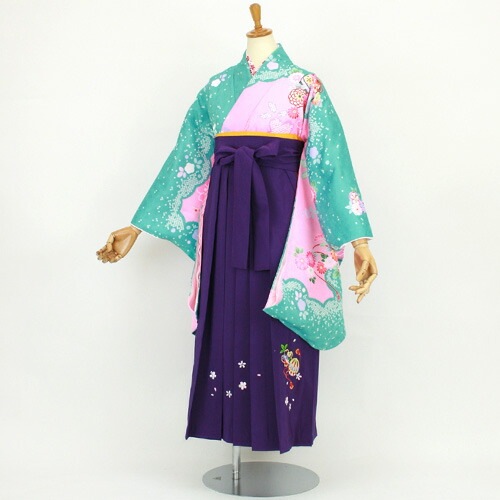 レンタル７泊８日 十三参り 卒業式 袴 レンタル 女 女の子 小学校卒業 10歳13歳緑地に花鈴 袴：紫ジュニア卒業式袴セット2尺袖着物＆袴 フルセットレンタル 安い キッズ ジュニア