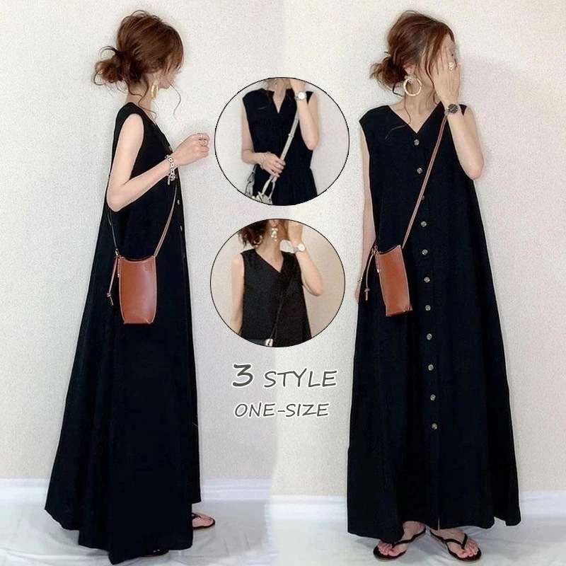 【急速出荷!】ロングワンピース ノースリーブ 夏 ワンピース レディース きれいめ aライン 黒 半袖 無地 vネック マキシワンピース 韓国 カジュアル ファッション Vネック 結婚式 コーデ フォ