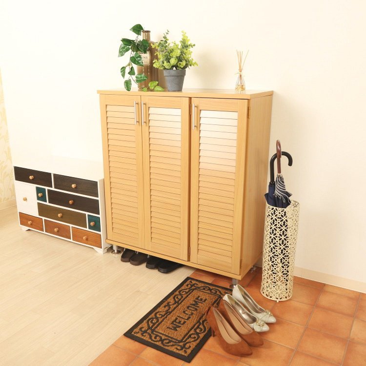 シューズボックス おしゃれ ルーバー付き ワイド 靴箱 玄関収納 幅90.5×奥行33×高さ101cm ナチュラル