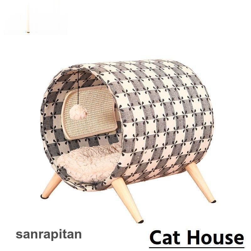 猫用ベッド キャットハウス 猫 キャット ペット用品 筒型 トンネル型 ひっかき クッション 格子柄 市松模様 和風 足付き リラックス