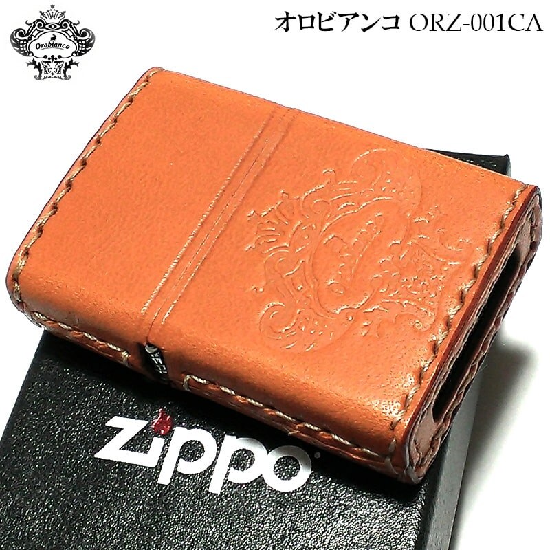 ZIPPO ライター オロビアンコ ブランド Orobinco ジッポ 渋い かっこいい 本牛革巻き キャメル レザー 皮 型押し ロゴ イタリア おしゃれ ミラノ プレゼント ギフト