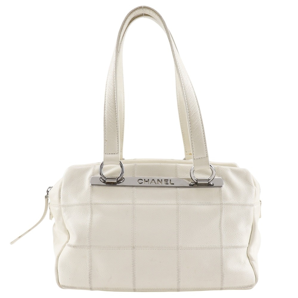 チョコバー ミニボストン トートバッグ キャビアスキン オフホワイト レディース 中古品