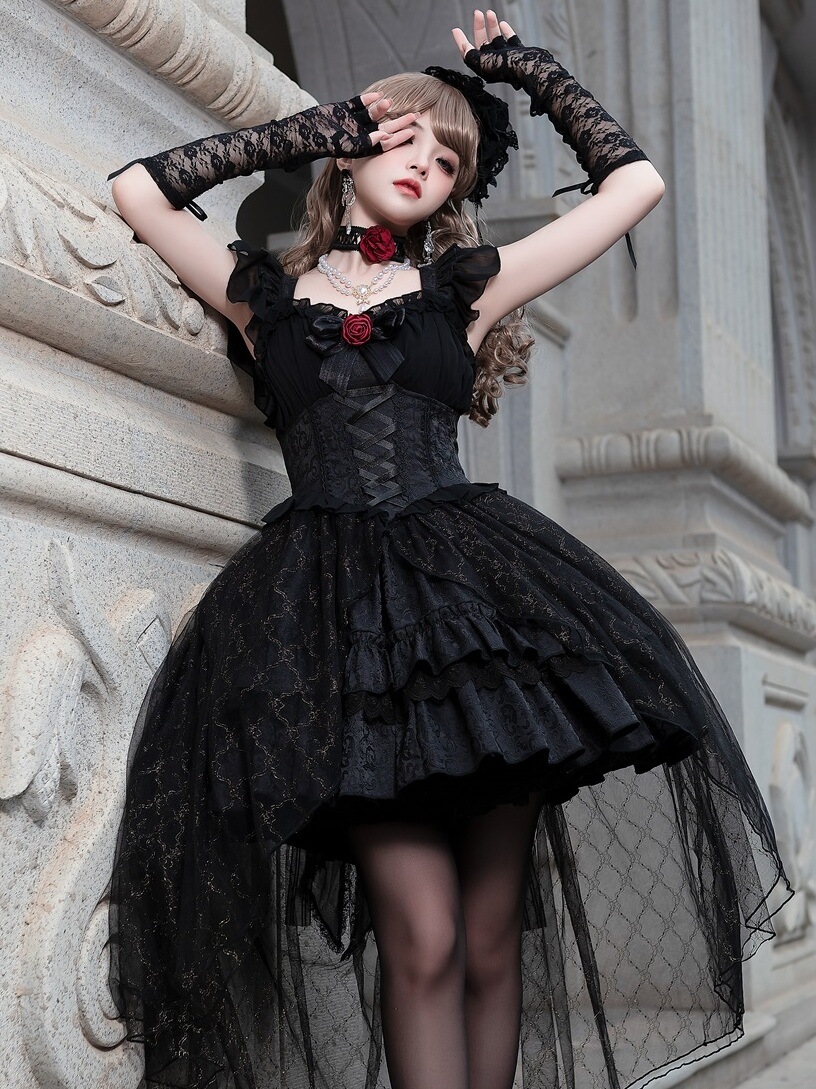 【激安本日限定】ロリータ ワンピースローズjskゴスロリドレスよく女の子犬ショートロリータ