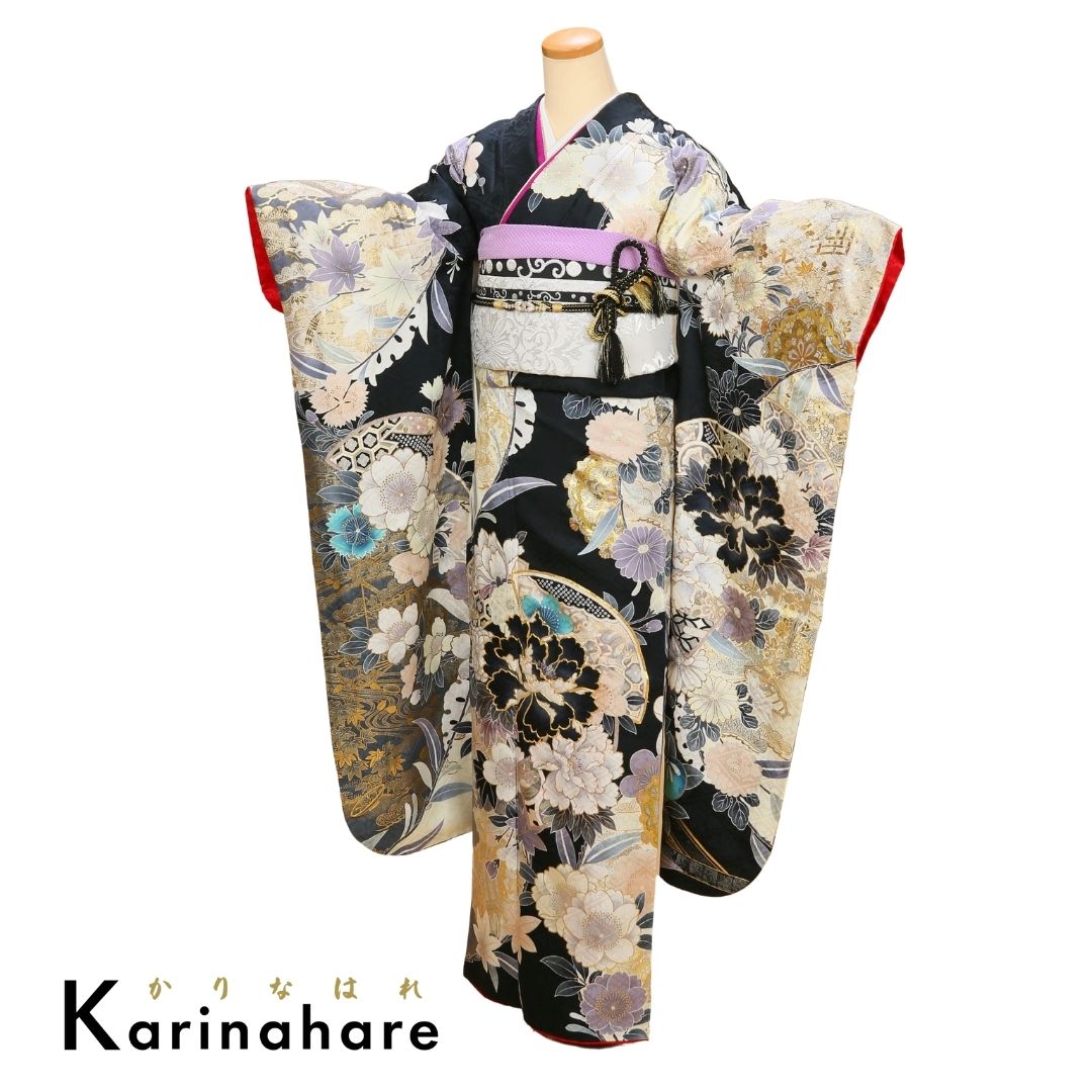 きほ振袖セットF658-108 黒地の振袖に牡丹と桜を描き金くすみカラーで上品な振袖