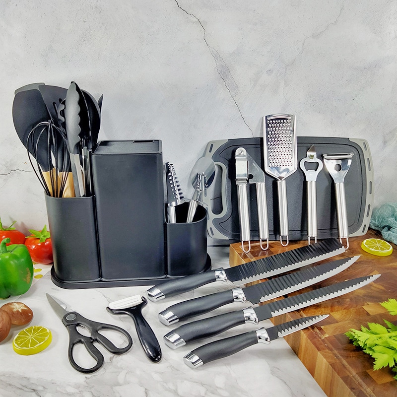 11 キッチン調理器具セットステンレス鋼のキッチンナイフセットシリコンスプーン調理器具25ピースセットベーキングツール r n1001-ブラック