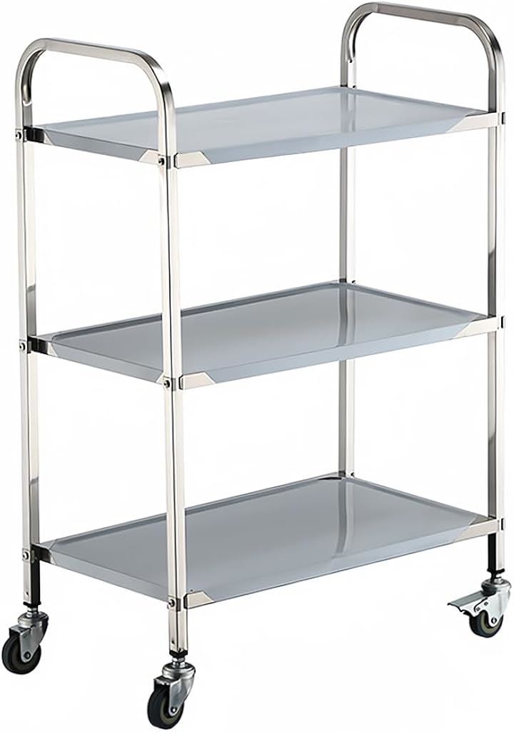 サービスワゴン サービスカート キッチンカート 取っ手付き 3段 79x32x55cm ステンレス製 調理台 キッチンワゴン 配膳車(シルバー, M-79x32x55cm)