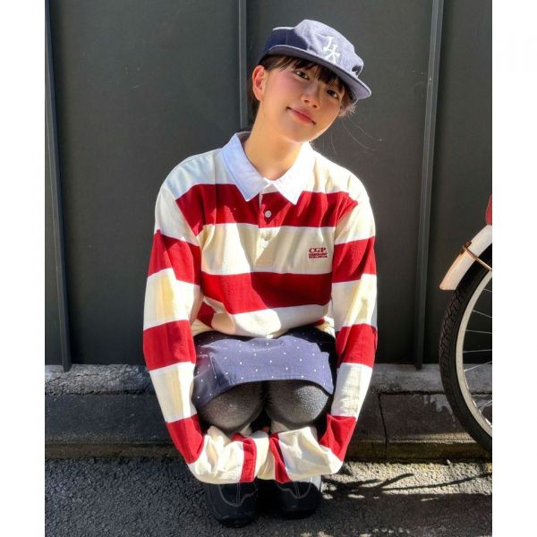 スモールスクエア ロゴストライプ ラグビーTシャツ - バーガンディ