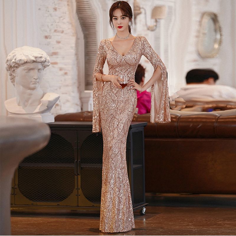 シャンパンカラーのイブニングドレス 女性らしさ ハイエンド ラグジュアリー テクスチャー フィッシュテイル ホストドレス 母の日 母の日-0008562