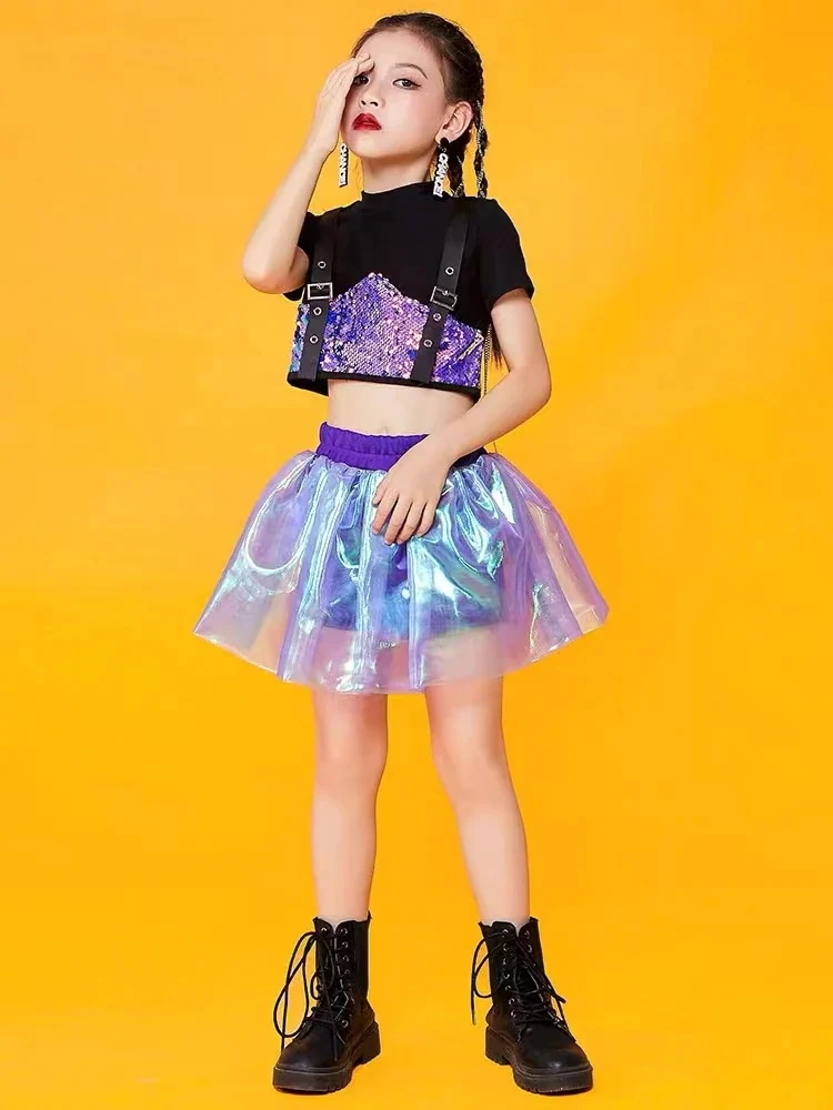 キッズ ダンス衣装 キラキラ スパンコール ガールズ ジャズダンス ヒップホップ チア チアガール パープル セットアップ へそ出し 応援団 練習着