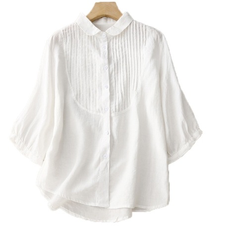 レディース トップス シャツ 普通丈 7分袖 袖あり 襟付き 丸襟 前開き ボタン かわいい 大人可愛い シンプル カジュアル おしゃれ レトロ アジアン ラフ ナチュラル 無地 春 夏 秋 20代