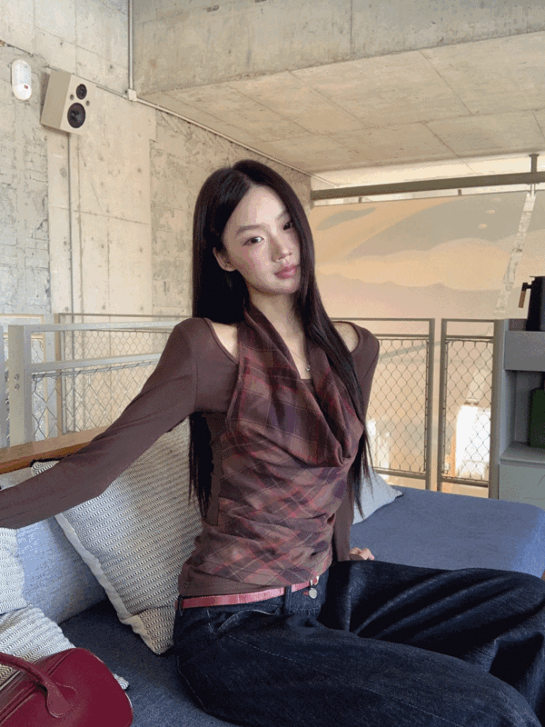 체크 홀터넥 레이어드 투피스 긴팔