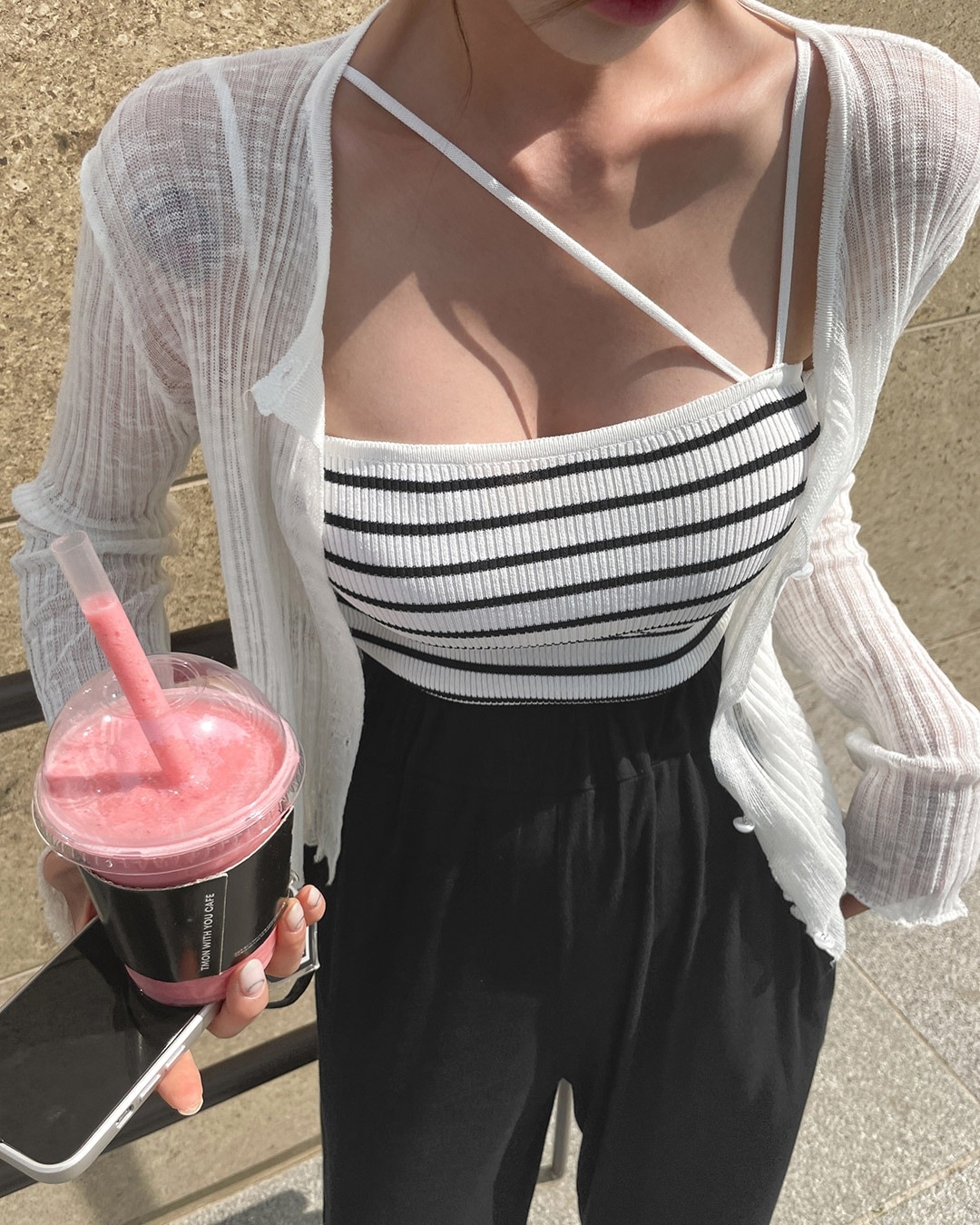 シースルーカーディガン+ボーダー柄キャミソール韓国ファッション レディース