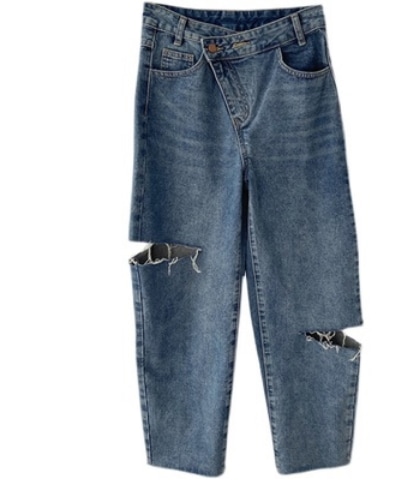 ダメージデニムパンツ ボトム デニムパンツ ロング丈 カジュアル かわいい ラフ シンプル 流行り ブルー おしゃれ かっこいい 大人可愛い 大人女子 こなれ感 キュート 爽やか ナチュラル 柄 春