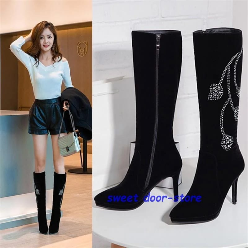 ロングブーツ ブーツ 長靴 防寒 ブーツ 大きいサイズ スエード調 歩きやすい ハイヒールブーツ 裏起毛 暖かい 履き口 サイドファスナー