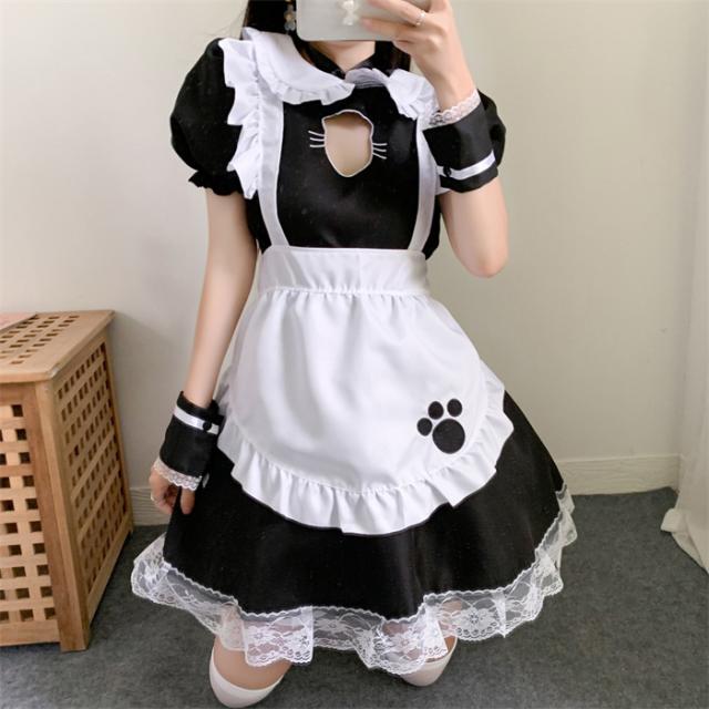 メイド服 ロリィタ ロリータ ワンピース コスチューム 飾り付き ねこ エプロン 髪飾り 腕飾り 首輪 中空 文化祭 学園祭 メイドカフェ Lolita コスプレ衣装 アニメ 可愛い ブラック オーバ