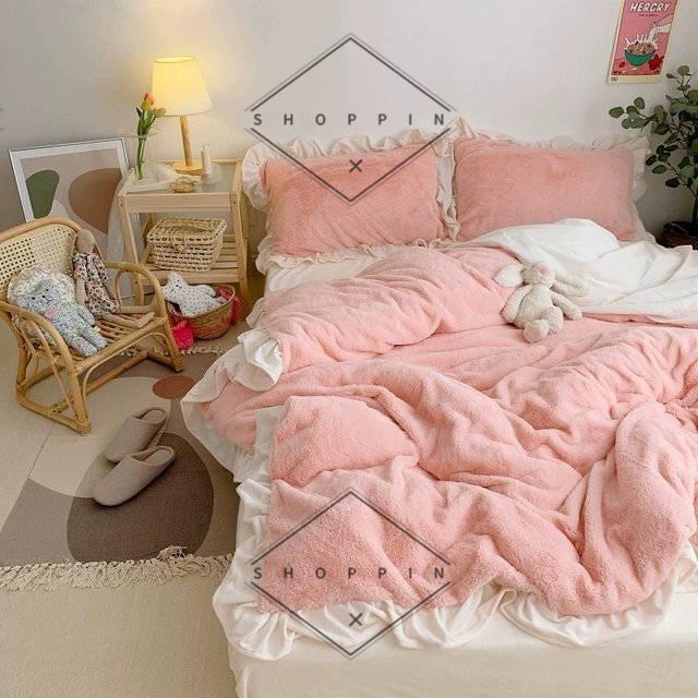 布団カバー 4点セット フレア フリル 可愛い 姫系 お姫様 寝具カバーセット 秋 冬 フランネル 起毛 あったか ピンク 寝具セット ダブル