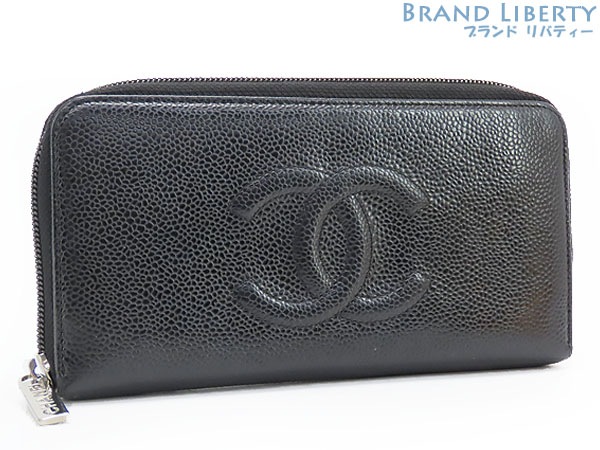 美品シャネルココマークキャビアスキンラウンドファスナー長財布ブラックシルバー金具グレインドカーフスキンA50071
