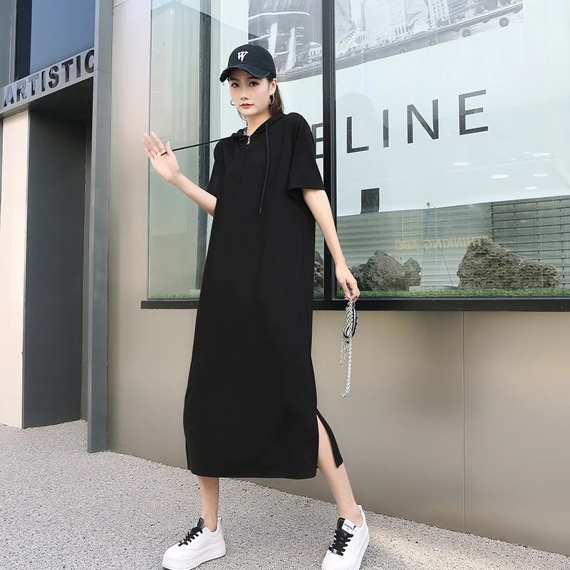 ワンピース夏服レディースパーカー半袖ワンピースロンt韓国ファッション無地肌にやさしいtシャツ着痩せ効果