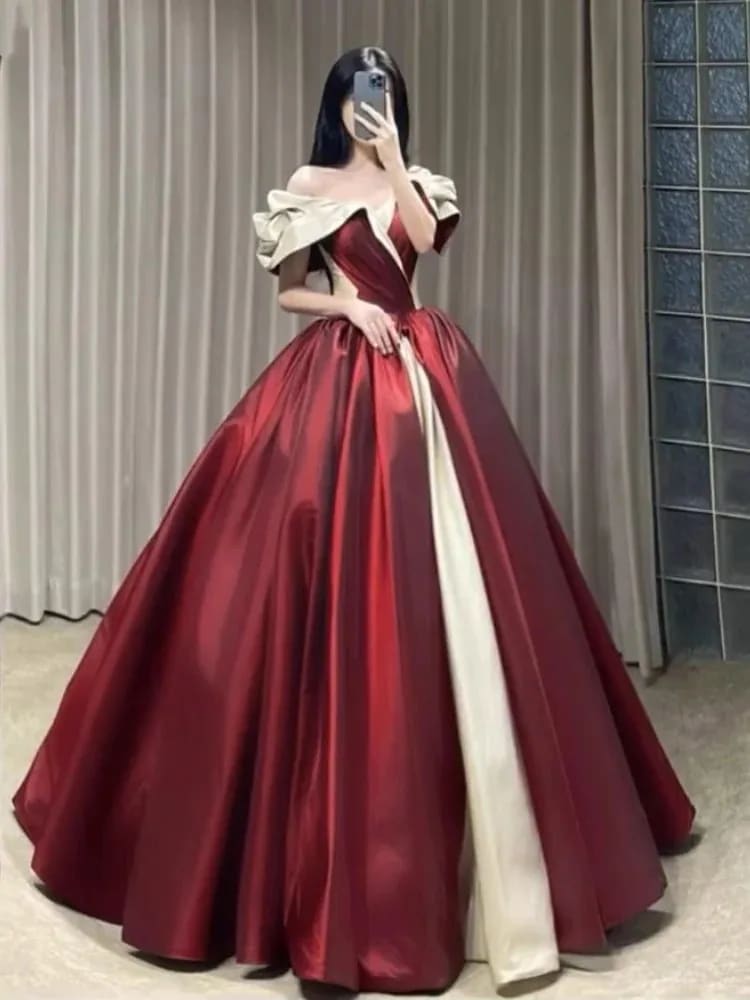 ワンショルダーレッドドレス 2025 エレガントでスリムで大きなスイングでステージパフォーマンス向け花嫁即位ディナープリンセスチュチュ