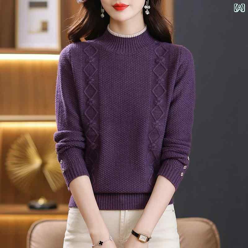 レディース トップス セーター 普段使い ハーフ タートルネック 紫色 秋冬 ショート インナー 冬服 女性 ミッド カラー ニット シャツ