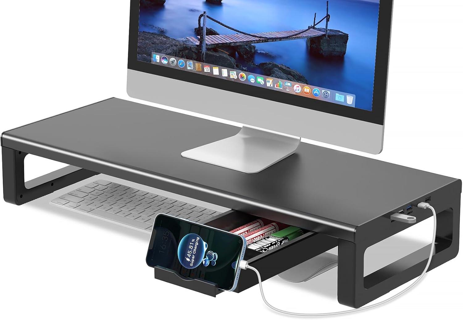 [6月大セール]モニター台 USB2.03.0データ転送付き 机上台 USBTYPEC充電付き ディスプレイ 台 引き出しとスマホホルダー付き パソコン 台 モニタースタンド ノートパソコンプリンター