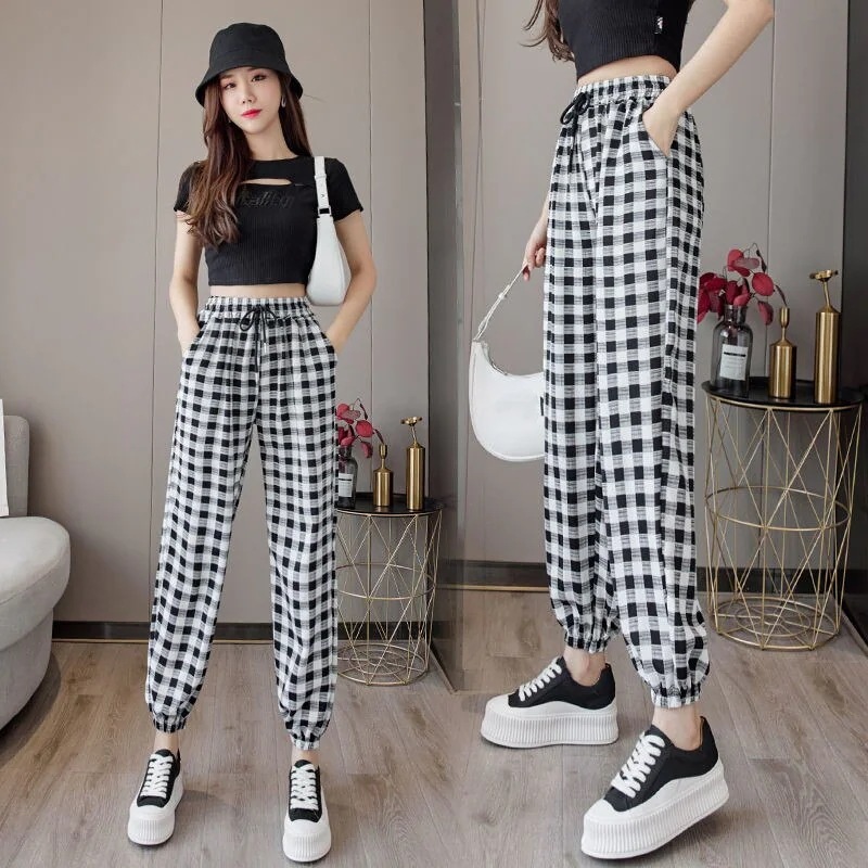 かっこいい！スラックスパンツ 黒白チェックカジュアルパンツ夏新作ゴムハイウエストカブパンツルーズ束足ハーレムパンツ接触冷感ボトムスかっこいい！ 脚長効果！ かっこいい！