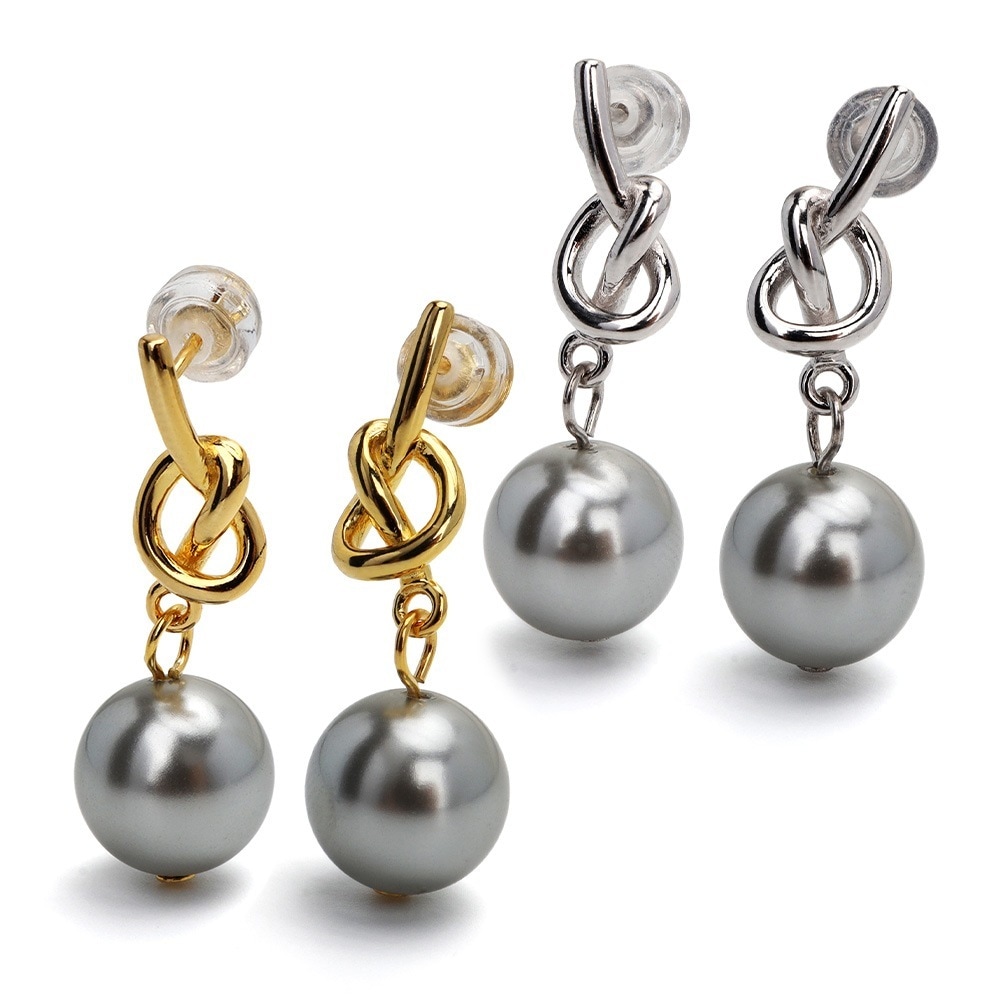 シルバー925 結び目パールピアス グレー [ce325]